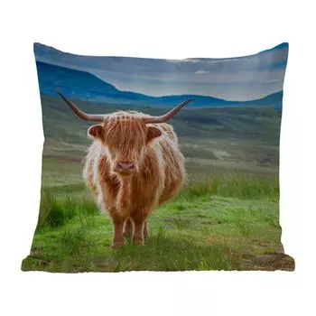 Подушка MuchoWow для улицы - Шотландский горец - Корова - Природа - Гора - Трава - 45x45 см - Устойчивость к атмосферным воздействиям - Подушка для отдыха - Чехлы для подушек - Декоративные чехлы для подушек - Декоративные чехлы для подушек, мул...
