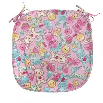 Подушка на детский обеденный стул ABAKUHAUS, Kawaii Bunnies and Candy, декоративная водонепроницаемая подушка с ремнями для кухонных сидений, 40 см x 40 см, розово-бирюзово-горчичный, розовый
