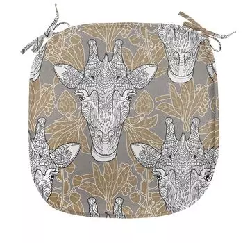Подушка на обеденный стул ABAKUHAUS Giraffe, каракули, декоративная водонепроницаемая подушка с ремнями для кухонных сидений, 40 см x 40 см, темно-серо-карамельно-белый