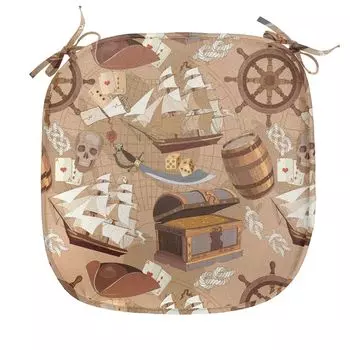 Подушка на обеденный стул ABAKUHAUS Pirates, Map Adventure, декоративная водонепроницаемая подушка с ремнями для кухонных сидений, 40 см x 40 см, бледно-коричневый, белый, серый