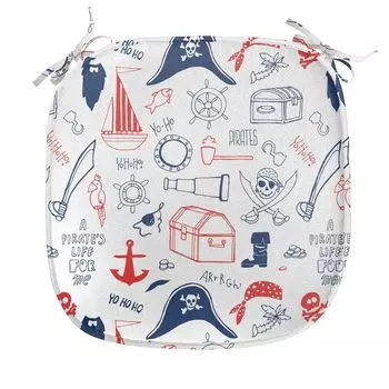 Подушка на обеденный стул ABAKUHAUS Pirates, нарисованная вручную морская тема, декоративная водонепроницаемая подушка с ремнями для кухонных сидений, 40 см x 40 см, темно-синий, алый белый