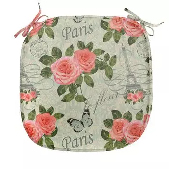 Подушка на обеденный стул ABAKUHAUS Shabby Flora, цветы в стиле Парижа, декоративная водонепроницаемая подушка с ремнями для кухонных сидений, 40 см x 40 см, лососево-зеленый, серебро