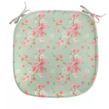 Подушка на обеденный стул ABAKUHAUS Shabby Flora, весенние цветы в стиле ретро, декоративная водонепроницаемая подушка с ремнями для кухонных сидений, 40 см x 40 см, мятно-розовый, серебро