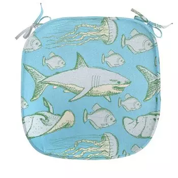 Подушка на обеденный стул ABAKUHAUS Shark, винтажные морские существа, декоративная водонепроницаемая подушка с ремнями для кухонных сидений, 40 см x 40 см, бледно-голубой, серый, зеленый