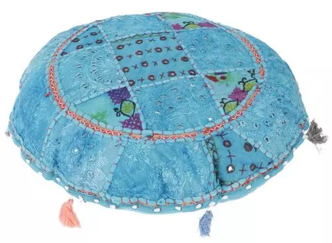 Подушка на сиденье круглая в стиле пэчворк с хлопковым наполнителем - синяя, хлопок, 15*55*55 см, декоративная подушка, декоративная подушка, диванная подушка Guru-Shop