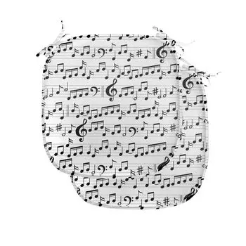 Подушка на стул для столовой ABAKUHAUS Music, абстрактный лист ключа, декоративная водонепроницаемая подушка с ремнями для кухонных сидений, 40 см x 40 см — упаковка из 2 шт., белый черный