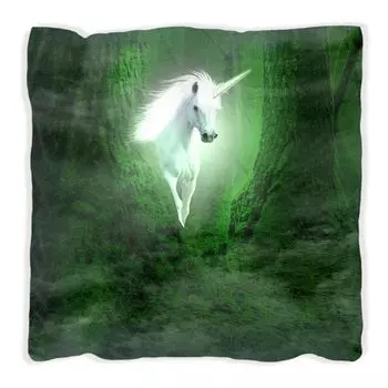 Подушка Wallario Premium, мягкая поверхность, с белым единорогом в мотиве зеленого леса, размер: 40 x 40 см, с белой спинкой