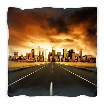 Подушка Wallario Premium, мягкая поверхность, с изображением линии горизонта в конце улицы, размер: 60 x 60 см, с белой спинкой