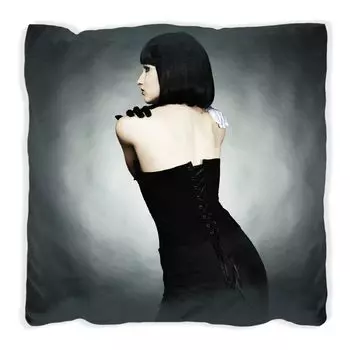 Подушка Wallario Premium, мягкая поверхность, с изображением красивой женщины в черном платье, показывающей спину, размер: 40 х 40 см, с белой спинкой