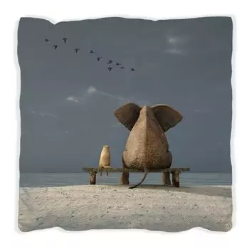 Подушка Wallario Premium, мягкая поверхность, с изображением слона и собаки, сидящих на скамейке, размер: 60 x 60 см, с белой спинкой