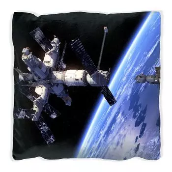 Подушка Wallario Premium, мягкая поверхность, с космическим мотивом - космическая станция и космический корабль в космосе, размер: 40 х 40 см, с белой спинкой