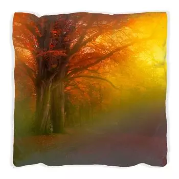 Подушка Wallario Premium, мягкая поверхность, с красочным осенним мотивом - лесной пейзаж в тумане в цветах радуги, размер: 60 х 60 см, с белой спинкой