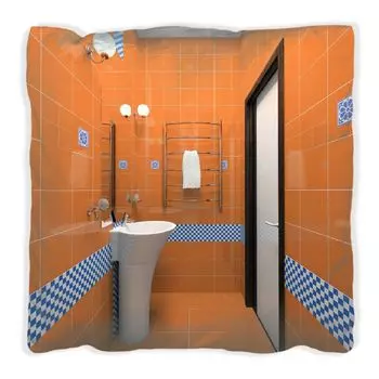 Подушка Wallario Premium, мягкая поверхность, с мотивом современной ванной комнаты оранжевого цвета с синей плиткой, размер: 40 x 40 см, с белой спинкой