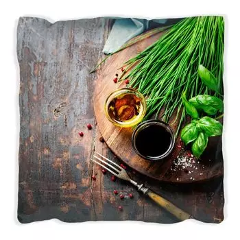 Подушка Wallario Premium, мягкая поверхность, с мотивом трав, масел и специй на деревянной подставке, размер: 40 х 40 см, с белой спинкой