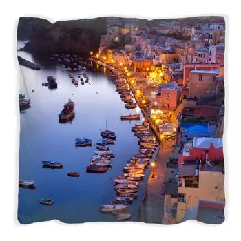 Подушка Wallario Premium, мягкая поверхность, с мотивом ночной гавани - Италия, ярко освещенная, размер: 60 x 60 см, с белой спинкой