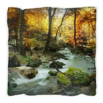 Подушка Wallario Premium, мягкая поверхность, с мотивом водопада и камнями, покрытыми мхом в осеннем лесу, размер: 60 х 60 см, с белой спинкой