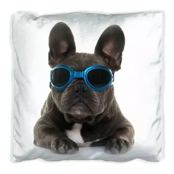 Подушка Wallario Premium, мягкая поверхность, с мотивом крутой собаки в солнцезащитных очках синего цвета - Французский бульдог, размер: 60 x 60 см, с белой спинкой