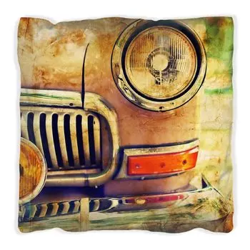 Подушка Wallario Premium, мягкая поверхность, с мотивом старинного автомобиля в цветах сепии - вид спереди, размер: 30 x 30 см, с белой спинкой