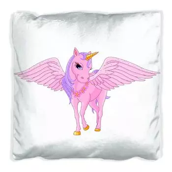 Подушка Wallario Premium, мягкая поверхность, с мотивом розового единорога и большими крыльями, размер: 40 х 40 см, с белой спинкой