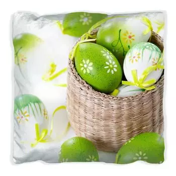 Подушка Wallario Premium, мягкая поверхность, с мотивом пасхального поздравления - разноцветные расписные пасхальные яйца в небольшой корзине, размер: 60 х 60 см, с белой спинкой.