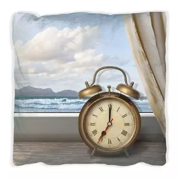Подушка Wallario Premium, мягкая поверхность, с мотивом «Доброе утро говорит море» - будильник и занавеска на окно, размер: 40 х 40 см, с белой спинкой