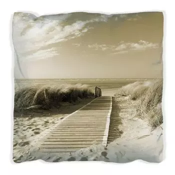 Подушка Wallario Premium, мягкая поверхность, с мотивом «Деревянная тропа к пляжу», цвета сепии, размер: 30 x 30 см, с белой спинкой