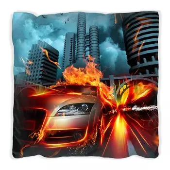 Подушка Wallario Premium, мягкая поверхность, с мотивом горящего движущегося автомобиля, размер: 60 x 60 см, с белой спинкой