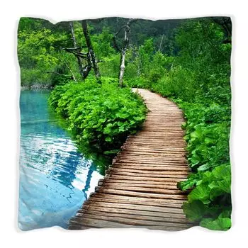 Подушка Wallario Premium, мягкая поверхность, с мотивом деревянной дорожки в лесу, размер: 60 х 60 см, с белой спинкой