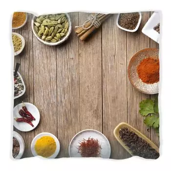 Подушка Wallario Premium, мягкая поверхность, с мотивом специй в мисках на старом деревянном столе на кухне, размер: 60 х 60 см, с белой спинкой