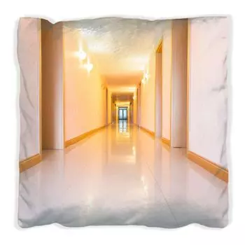 Подушка Wallario Premium, мягкая поверхность, с мотивом: Сверкающая чистая прихожая с золотым светом и белыми стенами, размер: 60 x 60 см, с белой спинкой