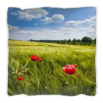 Подушка Wallario Premium, мягкая поверхность, с мотивом «Маковый луг» на зеленом лугу под голубым небом, размер: 60 х 60 см, с белой спинкой