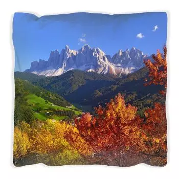 Подушка Wallario Premium, мягкая поверхность, с мотивом осени в горной долине под голубым небом, размер: 40 х 40 см, с белой спинкой