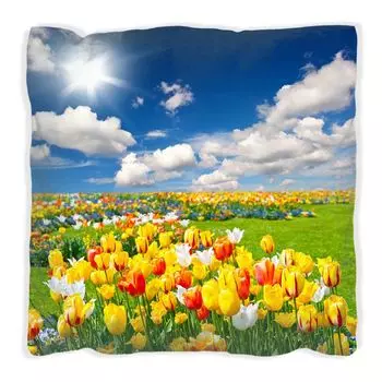 Подушка Wallario Premium, мягкая поверхность, с мотивом «тюльпановая поляна под голубым небом», размер: 60 х 60 см, с белой спинкой