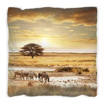 Подушка Wallario Premium, мягкая поверхность, с мотивом сафари в Африке, стадо зебр у воды, размер: 60 х 60 см, с белой спинкой