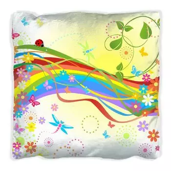 Подушка Wallario Premium, мягкая поверхность, с мотивом «Радуга летом» - пчелы и цветы, размер: 60 х 60 см, с белой спинкой