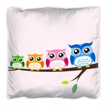 Подушка Wallario Premium, мягкая поверхность, с мотивом семейства сов на ветке в стиле комиксов, размер: 40 x 40 см, с белой спинкой