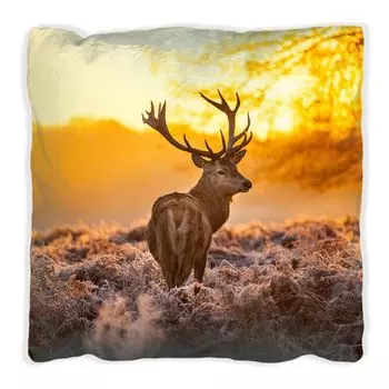 Подушка Wallario Premium, мягкая поверхность, с мотивом величественного оленя на рассвете, размер: 60 х 60 см, с белой спинкой