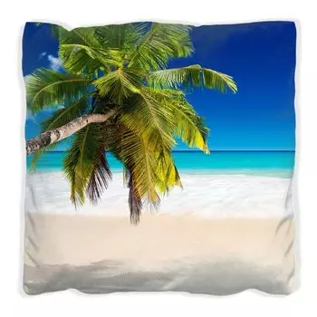 Подушка Wallario Premium, мягкая поверхность, с мотивом «Пляж Южного моря в Карибском море» и пальмой, размер: 60 x 60 см, с белой спинкой