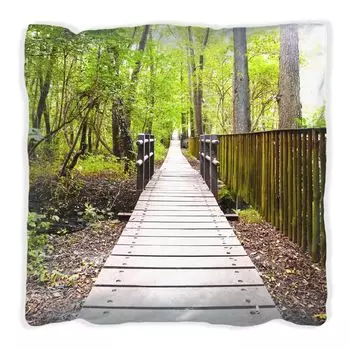 Подушка Wallario Premium, мягкая поверхность, с мотивом прогулки по лесу, деревянная дорожка над рекой, размер: 40 х 40 см, с белой спинкой