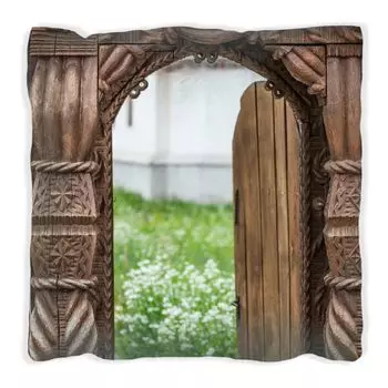 Подушка Wallario Premium, мягкая поверхность, с мотивом открытых старых ворот с деревянной резьбой, размер: 40 х 40 см, с белой спинкой