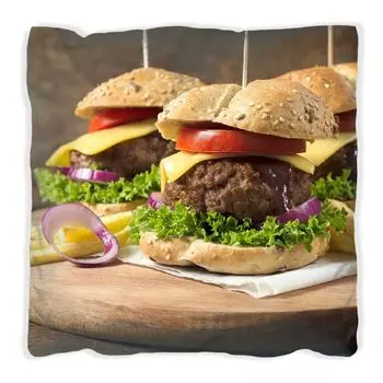 Подушка Wallario Premium, мягкая поверхность, с мотивом сочные гамбургеры на деревянной доске, размер: 40 x 40 см, с белой спинкой