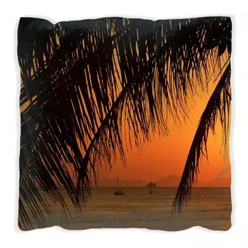 Подушка Wallario Premium, мягкая поверхность, с мотивом «Закат под пальмовыми листьями», размер: 60 x 60 см, с белой спинкой