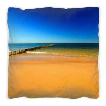 Подушка Wallario Premium, мягкая поверхность, с мотивом песчаного пляжа, оранжево-голубое море-голубое небо, размер: 60 x 60 см, с белой спинкой