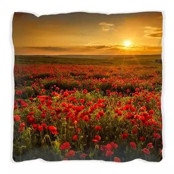 Подушка Wallario Premium, мягкая поверхность, с мотивом «Маковый луг на вечернем закате», размер: 30 х 30 см, с белой спинкой