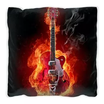 Подушка Wallario Premium, мягкая поверхность, с мотивом горящей гитары, размер: 60 х 60 см, с белой спинкой