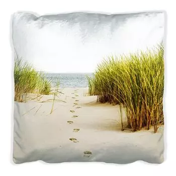 Подушка Wallario Premium, мягкая поверхность, с мотивом «следы на песке — следы через дюну к морю», размер: 40 х 40 см, с белой спинкой