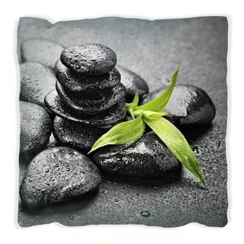 Подушка Wallario Premium, мягкая поверхность, с мотивом побегов бамбука на черных камнях, смоченных каплями воды, размер: 40 х 40 см, с белой спинкой