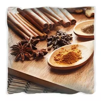 Подушка Wallario Premium, мягкая поверхность, с мотивом трав и специй на деревянных ложках, размер: 40 х 40 см, с белой спинкой