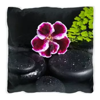Подушка Wallario Premium, мягкая поверхность, с мотивом цветка герани на черных камнях, смоченных каплями воды, размер: 40 х 40 см, с белой спинкой