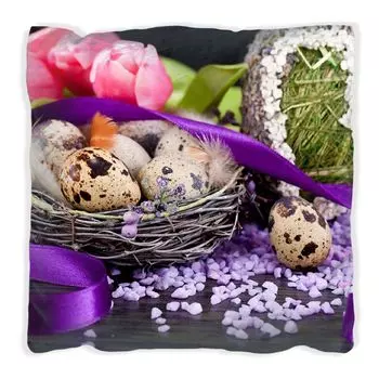 Подушка Wallario Premium, мягкая поверхность, с пасхальным мотивом - Still Life II - Разноцветные яйца, сердечки и тюльпаны, размер: 60 x 60 см, с белой спинкой